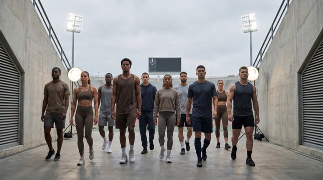 Diverse Group Of People Wearing Sportswear Walking Towards Camera In Stadium Tunnel For Fitness And Teamwork Concepts