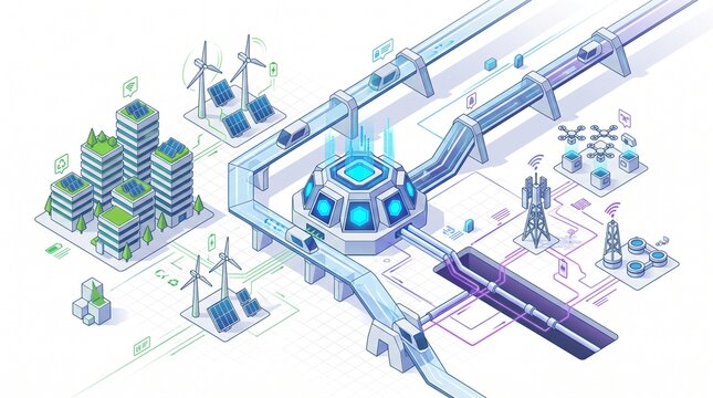 Isometric smart city infrastructure with futuristic transportation and urban planning elements