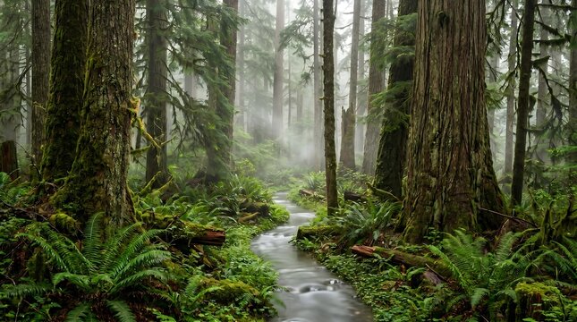 Vancouver Island Pacific Rim old-growth rainforest trail with mist and ferns, Professional Editorial Nature Photograph.