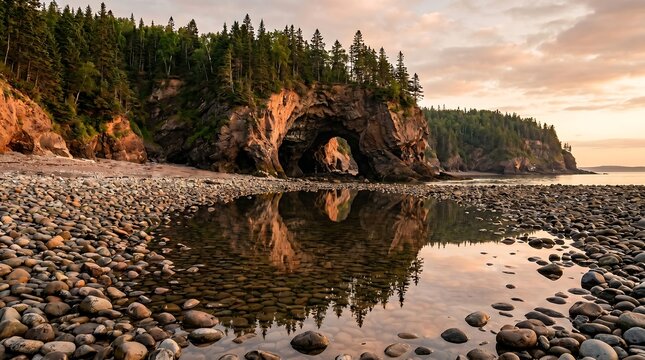 Fundy Trail New Brunswick sea cave at low tide with cobble beach, Professional Editorial Nature Photograph.
