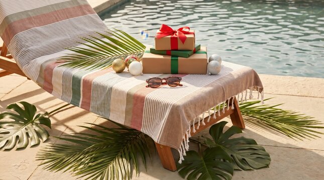 Colorful presents on striped lounge chair by pool for holiday gift concepts