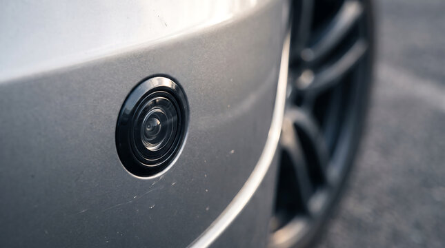 Close-up view of a car parking sensor integrated into the silver rear bumper with parking aid sensor node car part vehicle safety technology automobile automotive