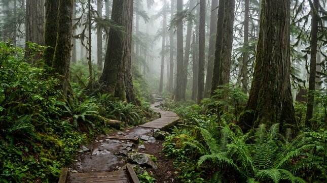 Vancouver Island Pacific Rim old-growth rainforest trail with mist and ferns, High-Resolution Travel and Nature Stock Photo.