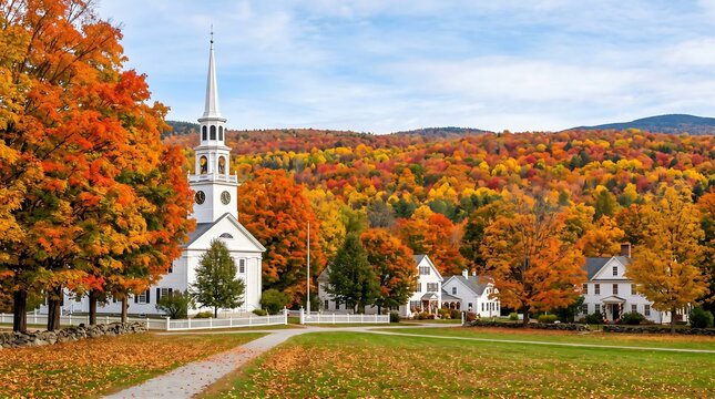 New England village green in peak autumn - steepled white church, maple canopy, Premium Nature Stock Photography Capture.