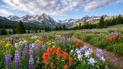 Obraz premium Rocky Mountain wildflower meadow in July - lupine, paintbrush, columbine carpet, Ultra High-Definition Background Stock Image.