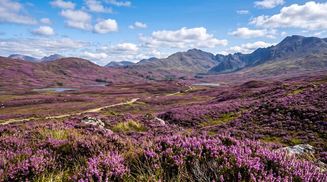 Scottish heather moorland in full August purple bloom under blue sky, Ultra High-Definition Background Stock Image.