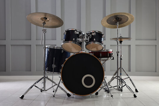 Modern drum set in studio. Musical instrument