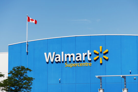 Ottawa, Canada - July 30, 2026: Walmart Supercentre sign with Canadian flag