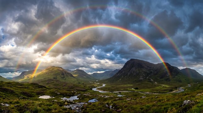 Double rainbow full arc over Scottish glen after summer storm, vivid colors.