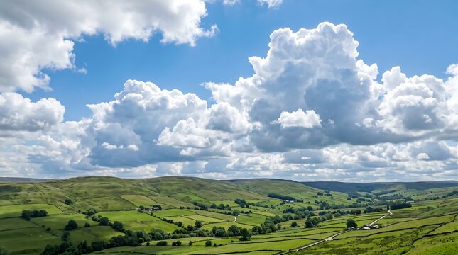 British summertime cumulus clouds over rolling green hills - bright optimistic sky.
