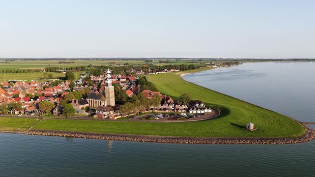 Aerial view of hindeloopen and ijsselmeer lake in friesland