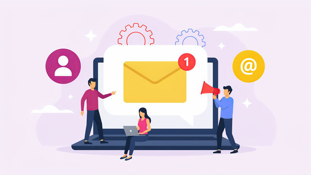 Business team using laptop with large email notification icon for digital marketing and communication concept