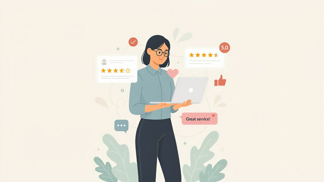 Business woman checking online customer feedback reviews on laptop computer in a clean office setting