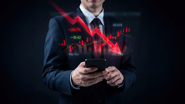 Businessman analyzing falling stock market graphs and financial data on a digital mobile device screen