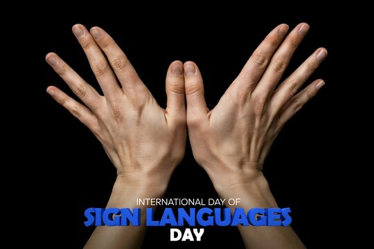 Hands forming a bird shape for international day of sign languages on black background