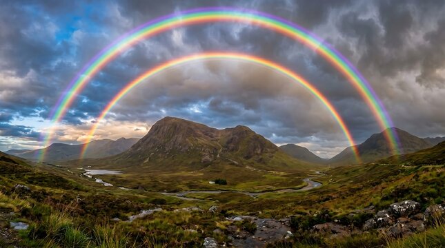 Double rainbow full arc over Scottish glen after summer storm, vivid colors, Premium Nature Stock Photography Capture.
