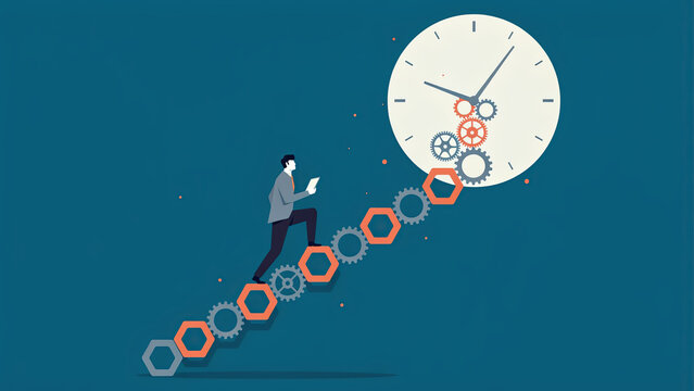 Businessman climbing a staircase made of mechanical gears to reach a large clock above him