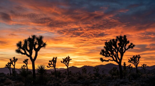 California desert Joshua Tree cactus silhouettes against vivid orange sunset, Ultra High-Definition Background Stock Image.