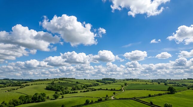 British summertime cumulus clouds over rolling green hills - bright optimistic sky, Ultra High-Definition Background Stock Image.