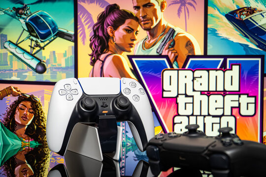 August 13, 2026, Odessa, Ukraine.  Sony PS5 controllers with Grand Theft Auto VI game artwork back