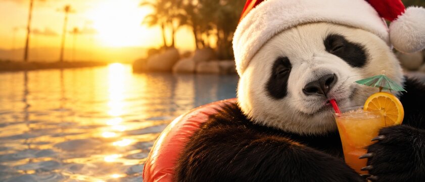 Relaxing panda in santa hat enjoys a cocktail on a float in a pool at sunset, vacation and holiday banner format