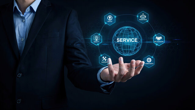 Businessman holding digital globe hologram with service icons for professional customer support and business solutions