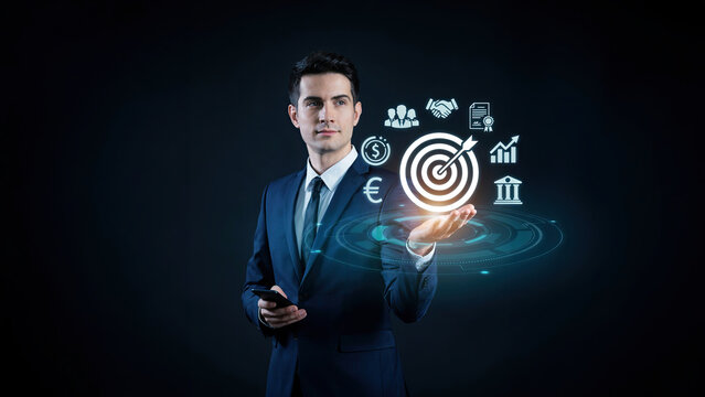 Businessman holding digital target icon representing corporate growth and strategy with financial business management tools