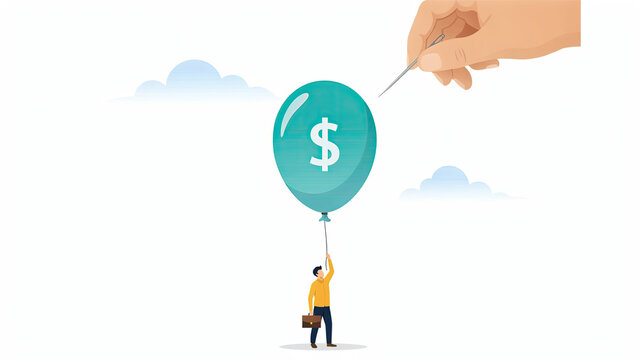 Businessman holding dollar sign balloon about to be popped by giant hand with sharp needle