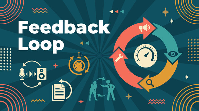 Feedback loop concept with cyclical arrows, speaker, gauge, magnifier and megaphone illustration