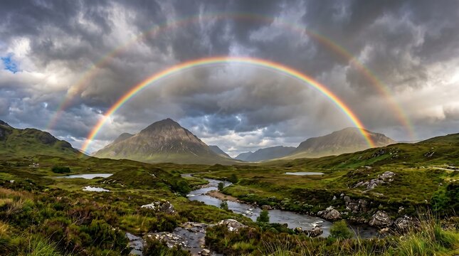 Double rainbow full arc over Scottish glen after summer storm, vivid colors, Professional Editorial Nature Photograph.