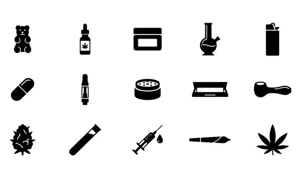 Cannabis and Marijuana Icon Set, 15 Black Solid Vector Symbols, Medical Hemp and Recreational Drug Equipment Icons