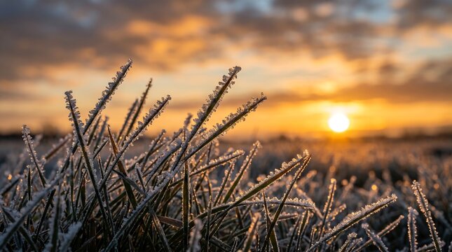 Frozen dew on grass blades at sunrise - amber backlit macro with bokeh sky, High-Resolution Travel and Nature Stock Photo.