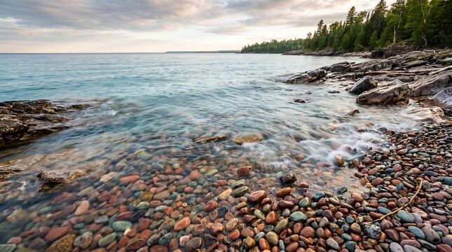 Lake Superior clear water revealing multicolored pebbles on rocky Michigan shore, Premium Nature Stock Photography Capture.