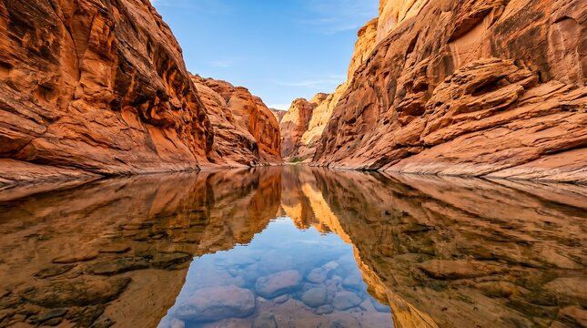 Utah river canyon reflection of orange walls in still narrow water channel, Premium Nature Stock Photography Capture.