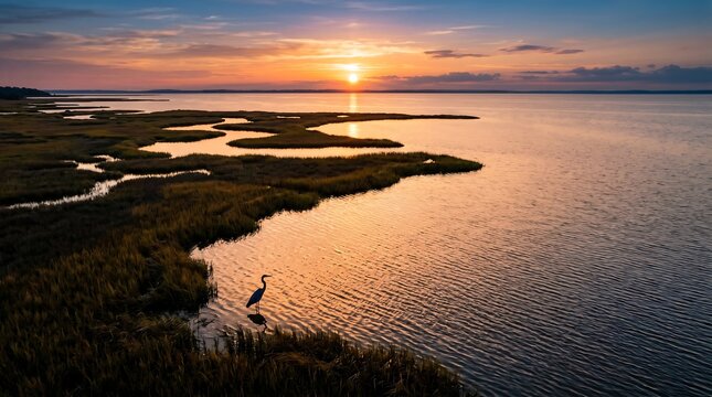 Chesapeake Bay sunrise calm water with blue heron silhouette, marshland, Premium Nature Stock Photography Capture.