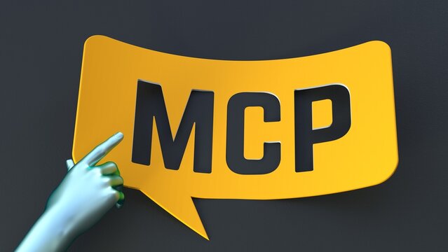 Model Context Protocol MCP concept on yellow warning tape with robotic hand and dark background