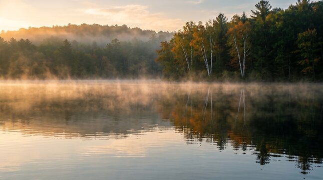 Morning mist rising from glassy New England lake at first light, birch reflections, Ultra High-Definition Background Stock Image.
