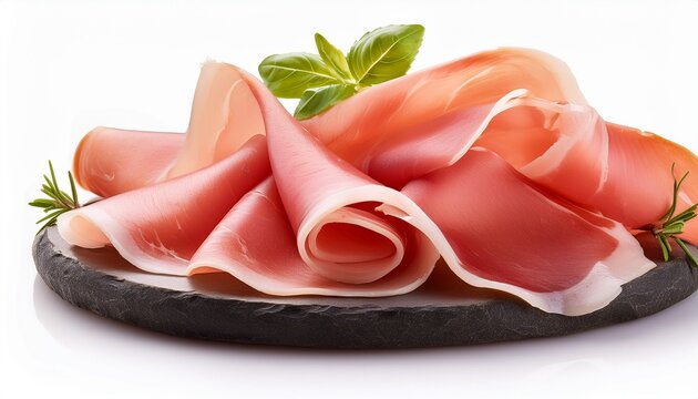slices of fresh prosciutto ham isolated on white background