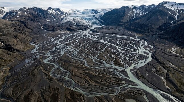 A wide aerial view of a braided river near a glacier