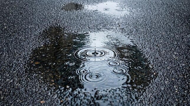 Rain drops hitting still puddle on Manhattan street, concentric circles closeup, High-Resolution Travel and Nature Stock Photo.