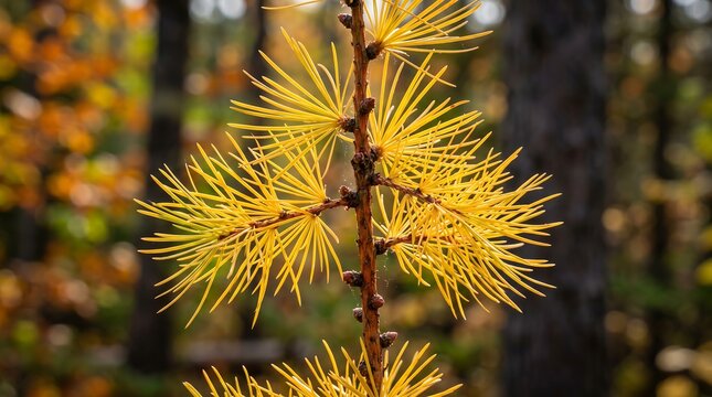 Canadian boreal tamarack larch needles turning gold in October, fine detail.