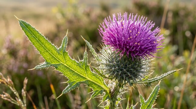 Scottish thistle macro - purple spiky bloom with dewdrops on thistle needles, Ultra High-Definition Background Stock Image.