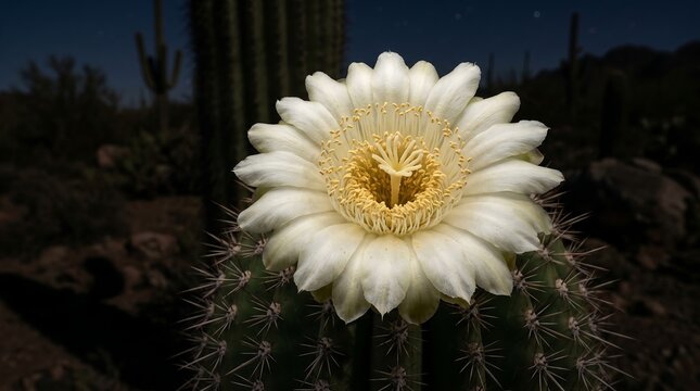 Saguaro cactus bloom - waxy white flower open at night macro, Arizona, Ultra High-Definition Background Stock Image.