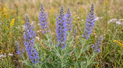 Obraz premium American Prairie sage in bloom - blue-violet spikes over silver-green foliage, High-Resolution Travel and Nature Stock Photo.
