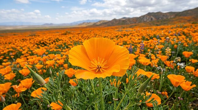 California poppy field - Antelope Valley super bloom orange field to horizon, Professional Editorial Nature Photograph.