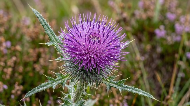 Scottish thistle macro - purple spiky bloom with dewdrops on thistle needles, High-Resolution Travel and Nature Stock Photo.
