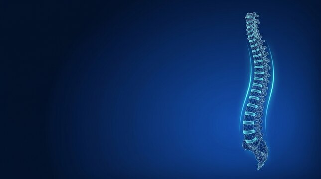 3D rendering of a human spine showing spinal column and vertebrae with a blue glowing effect