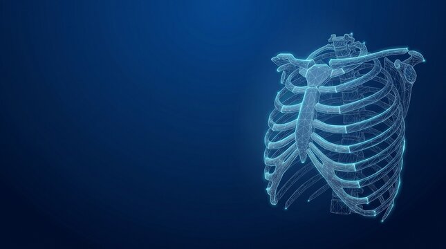 Futuristic glowing wireframe visualization of the human rib cage, digitally rendered for anatomical study and medical science technology concepts