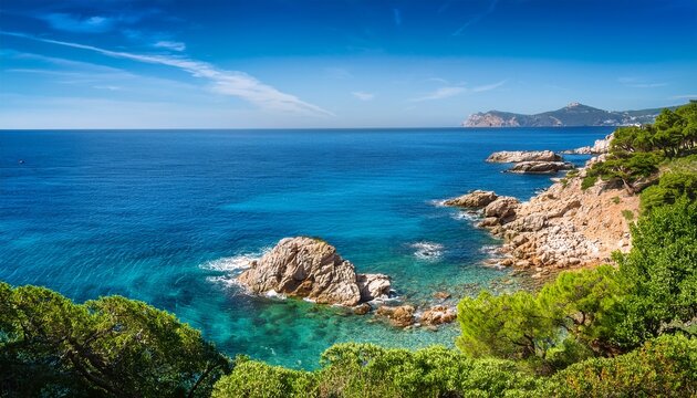serene rocky coastline with vibrant blue ocean waters and lush green foliage
