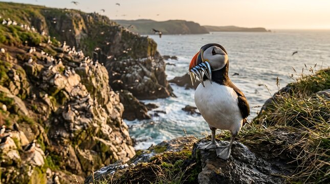 Atlantic puffin with beak full of sand eels, Newfoundland cliff colony, Professional Editorial Nature Photograph.